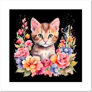 A cat decorated with beautiful watercolor flowers Posters and Art